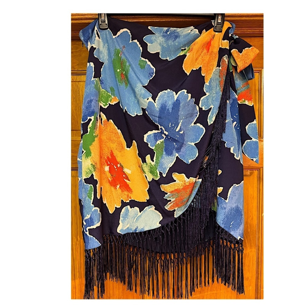 Lauren Ralph Lauren Navy Floral Wrap Skirt with Fringe